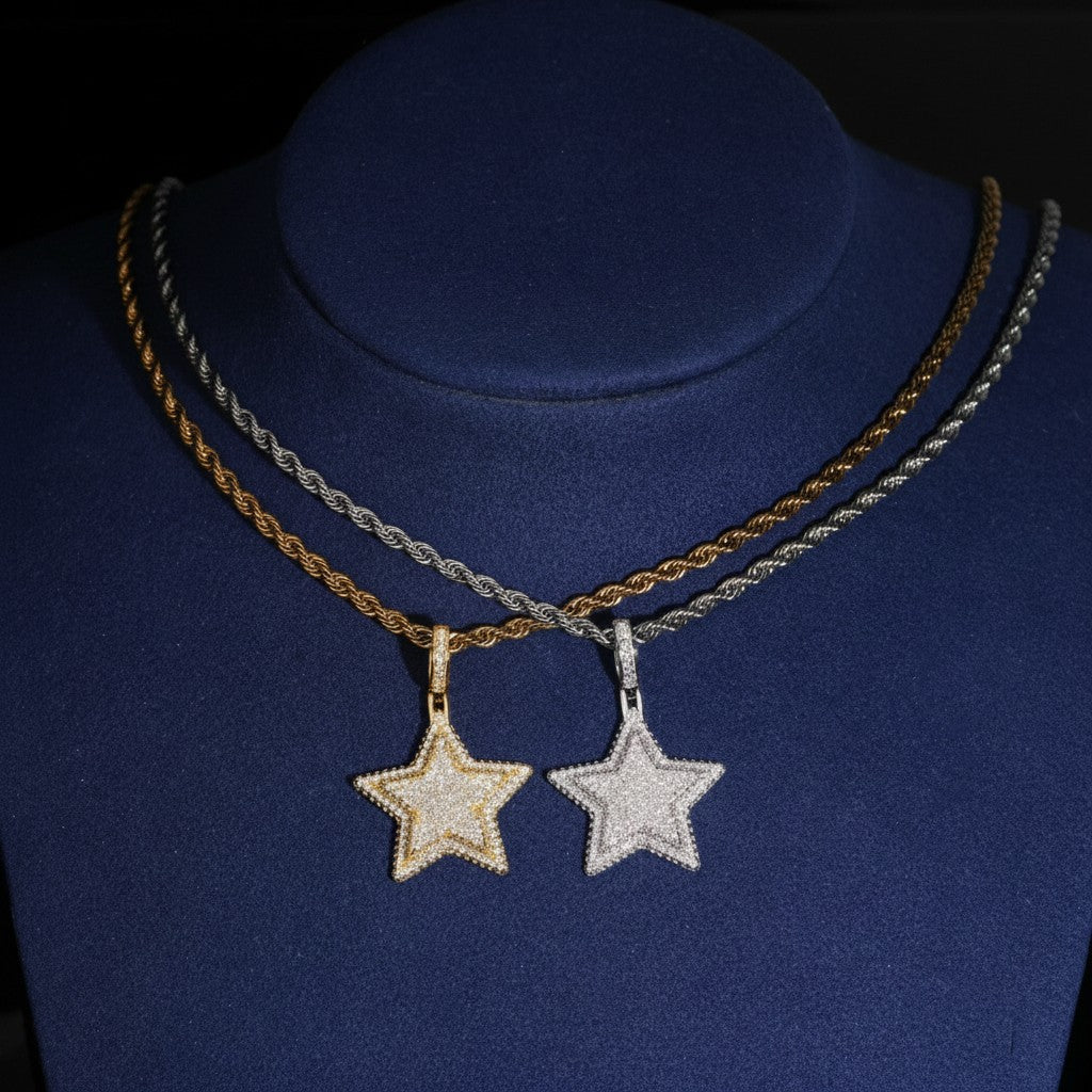 Petey's jewelry hip hop star pendants in gold and silver tones with moissanite stones on matching rope chains.