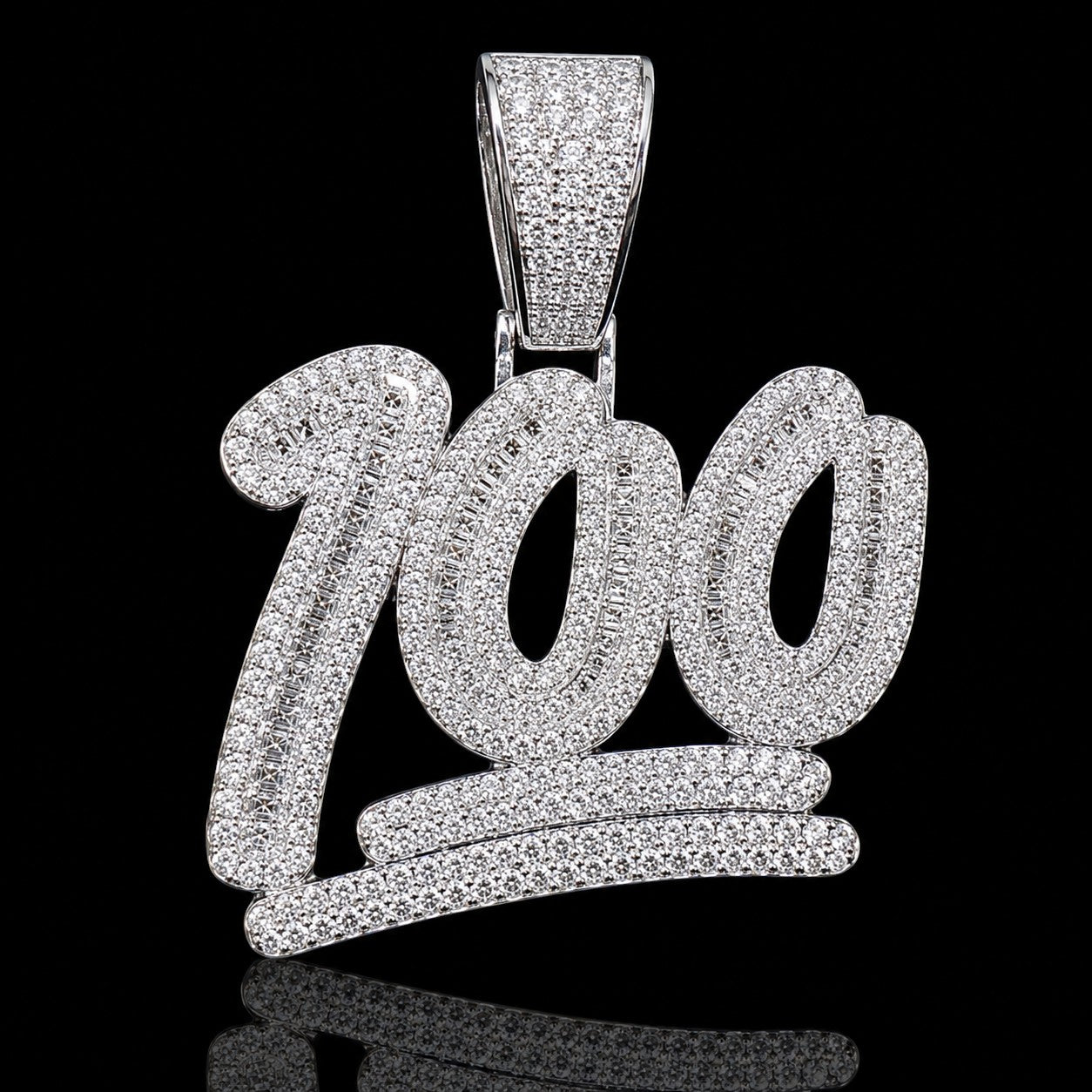 Petey's jewelry iced out 100 pendant in 925 sterling silver with VVS moissanite stones and a brilliant white finish.