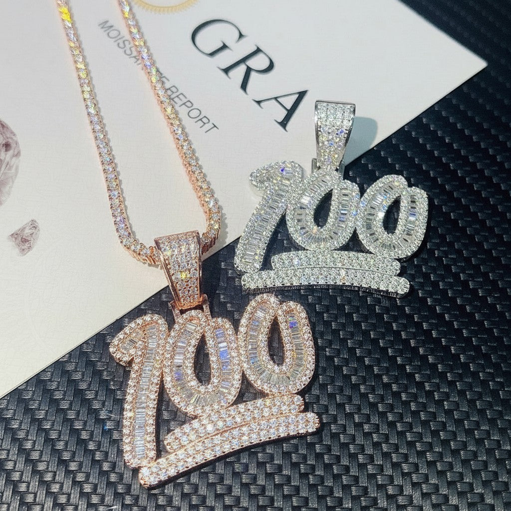 Petey's jewelry iced out 100 pendant necklaces in silver and rose gold with baguette VVS moissanite stones.
