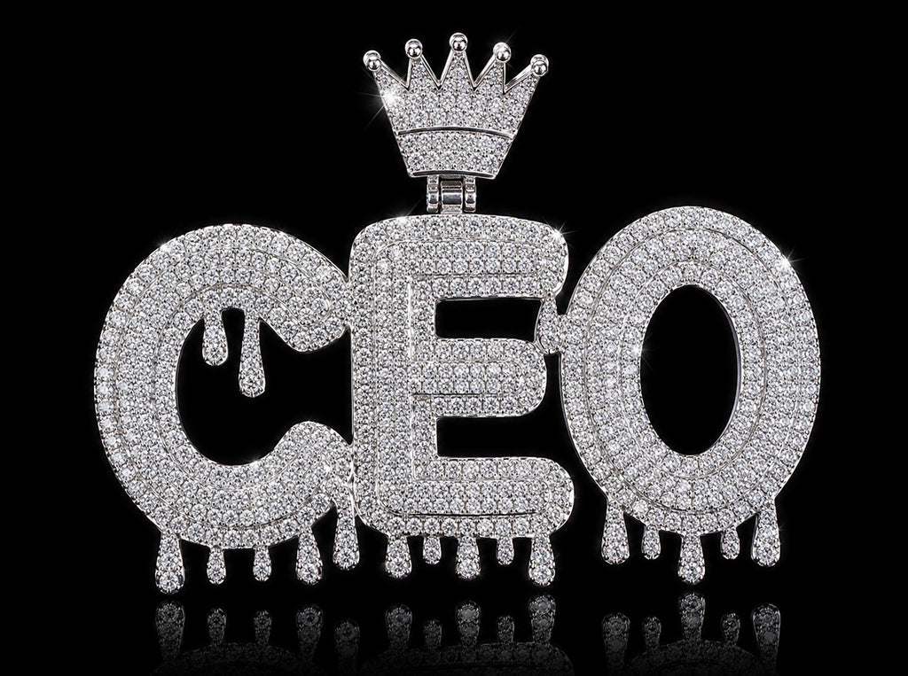 Petey's jewelry iced out CEO letter pendant featuring VVS white moissanite diamonds on silver-plated S925 base.