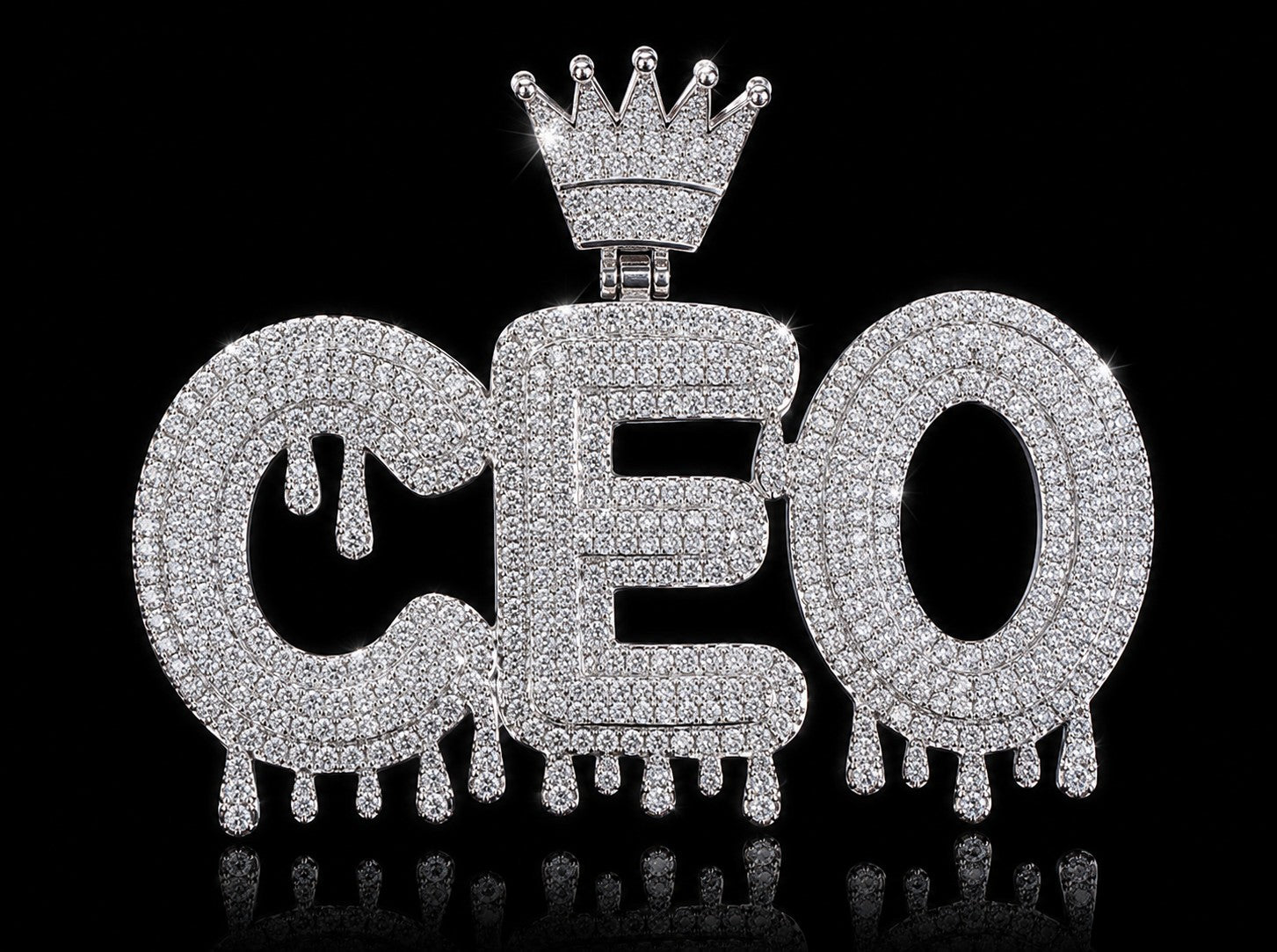 Petey's jewelry iced out CEO letter pendant featuring VVS white moissanite diamonds on silver-plated S925 base.