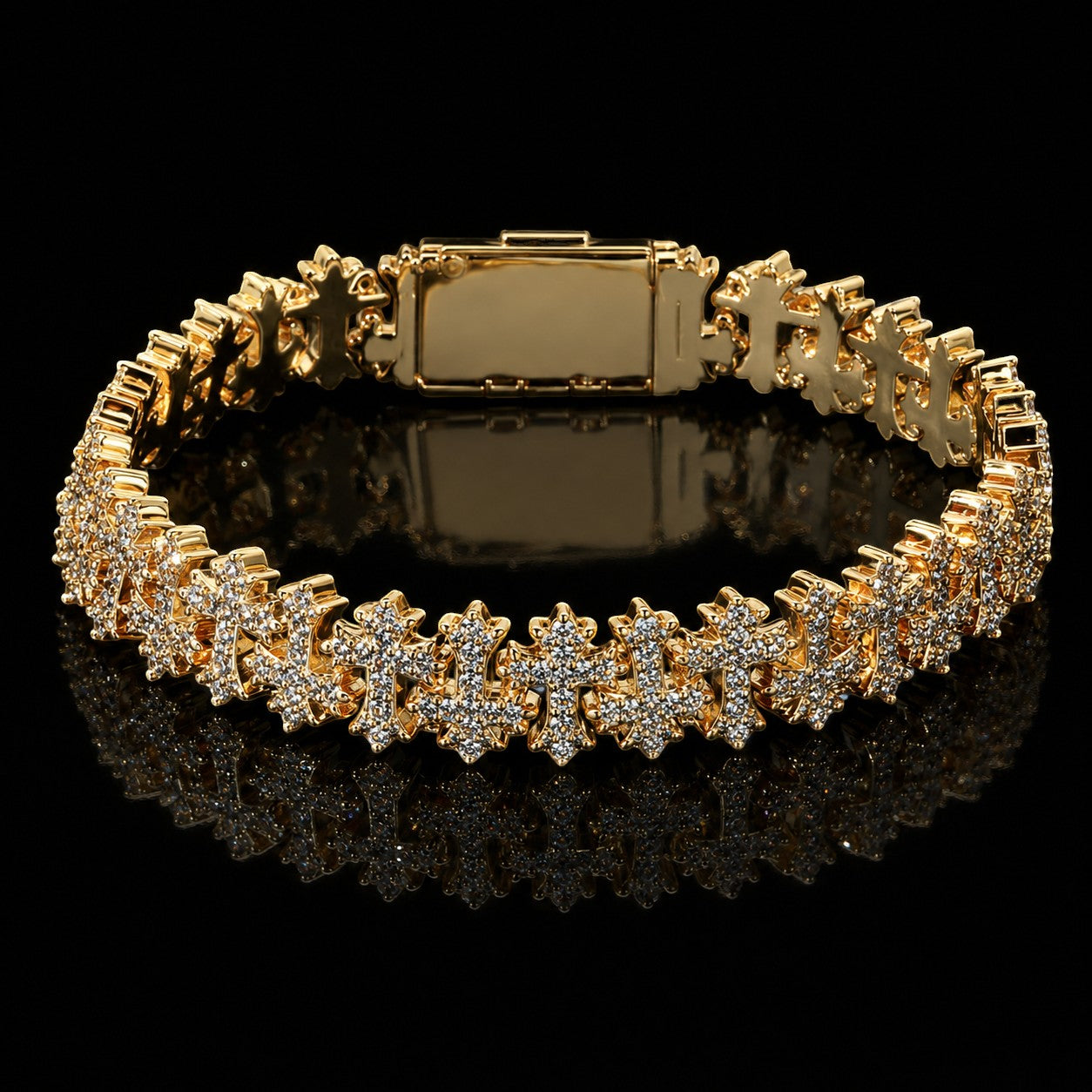 Petey's jewelry 8mm gold-plated 925 silver Cuban link bracelet featuring iced-out cross motifs with VVS moissanite.