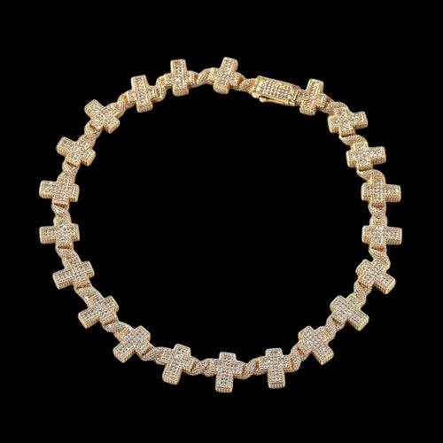 Petey's jewelry gold-plated brass chain necklace featuring iced-out cubic zirconia cross links in a hip hop style.