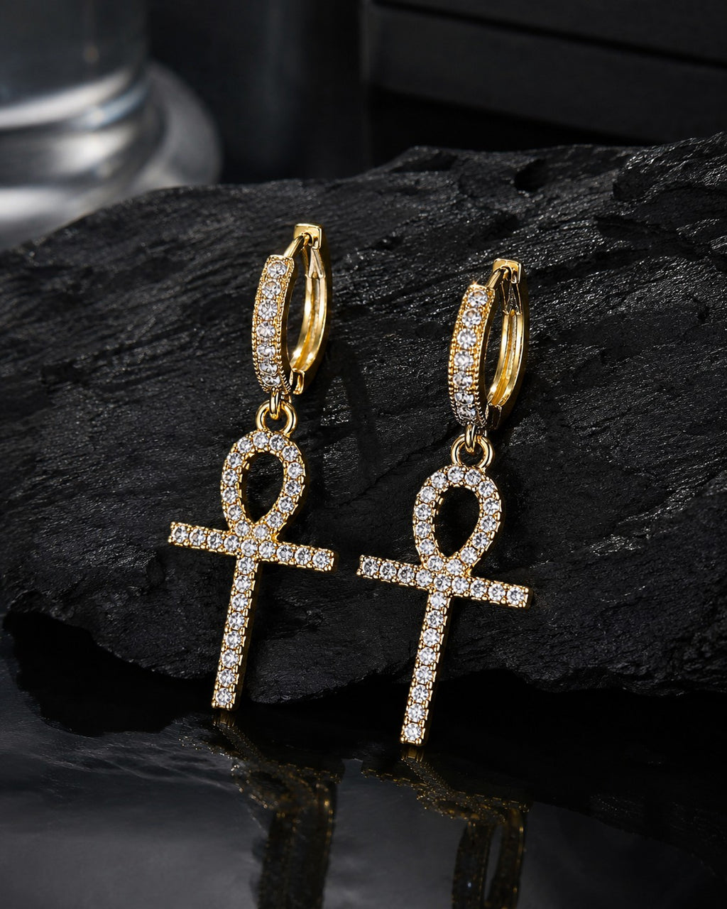 Petey's jewelry gold-plated 925 sterling silver hoop earrings featuring iced-out VVS moissanite ankh cross charms.