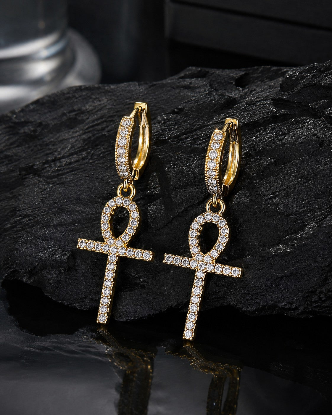 Petey's jewelry gold-plated 925 sterling silver hoop earrings featuring iced-out VVS moissanite ankh cross charms.