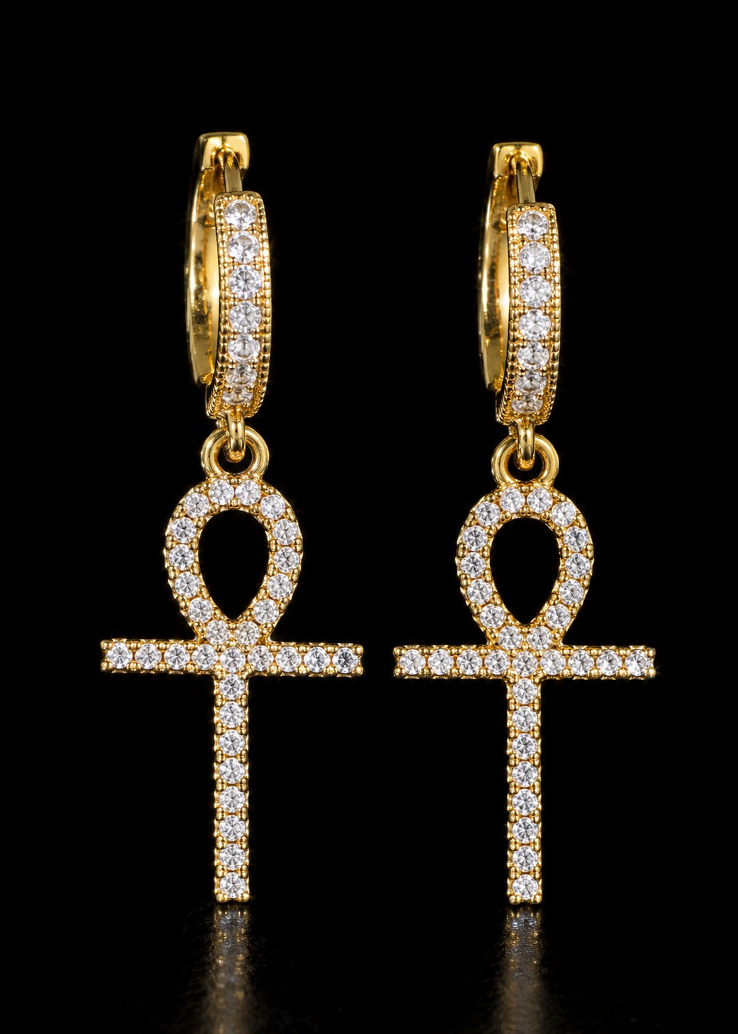 Petey's jewelry gold-plated sterling silver hoop earrings featuring iced-out VVS moissanite ankh cross pendants.