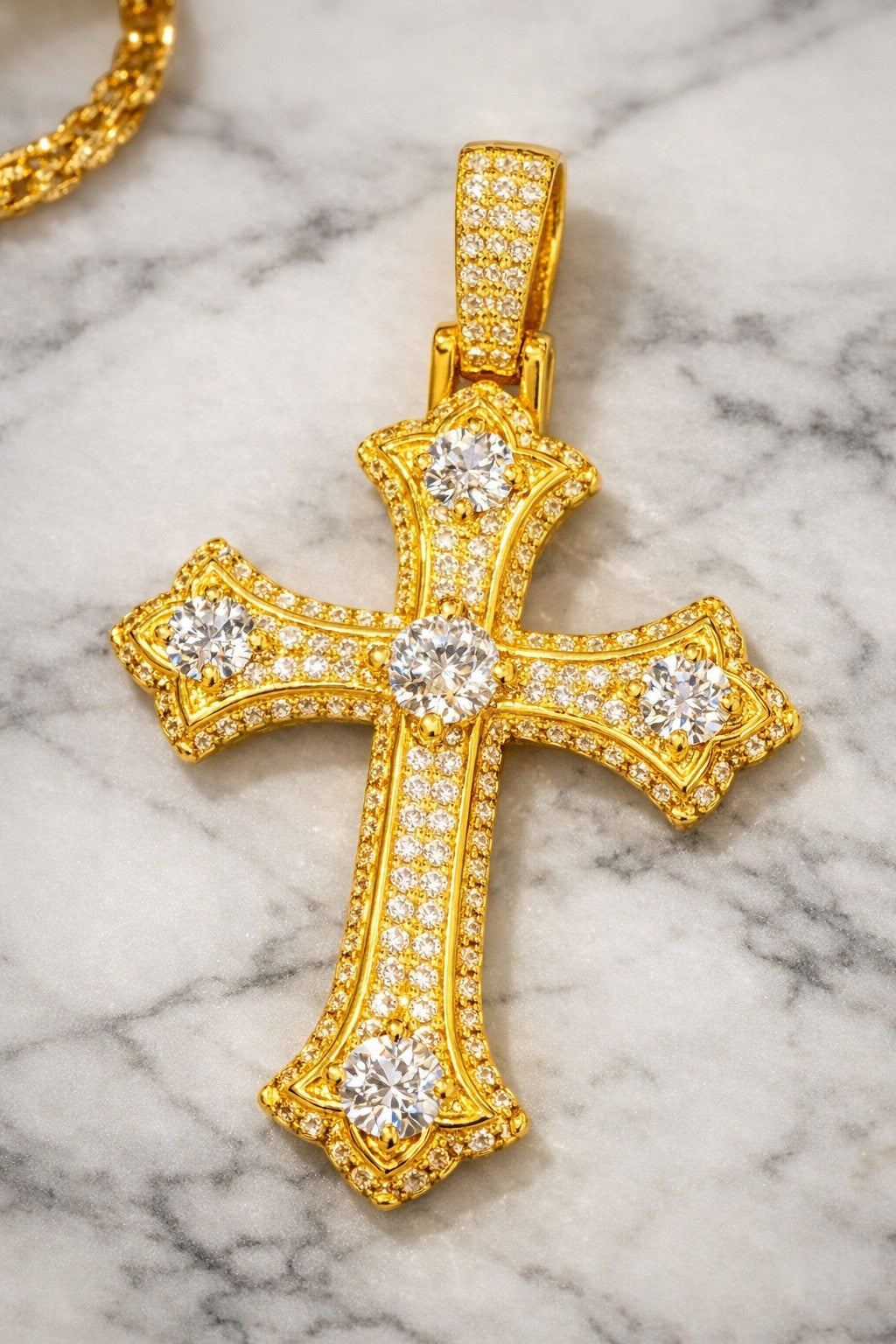 Petey's jewelry gold-plated 925 sterling silver cross pendant featuring round brilliant cut moissanite stones.