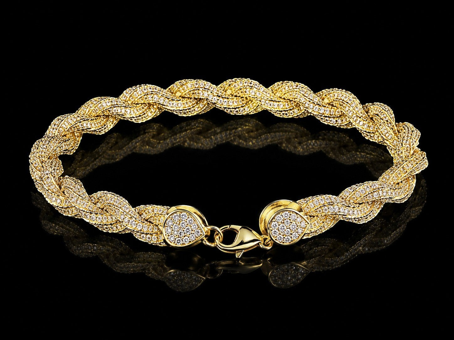 Petey's jewelry gold-plated sterling silver iced out rope chain bracelet with sparkling VVS moissanite stones.