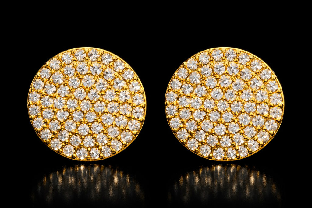 Petey's jewelry 10mm round stud earrings in gold-plated 925 sterling silver with VVS moissanite stones.