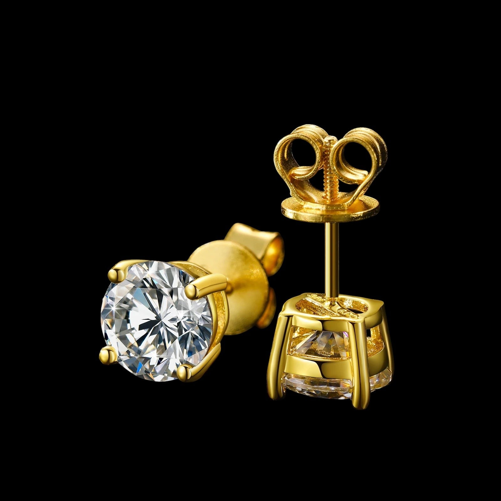 Petey's jewelry 18K gold-plated 925 sterling silver stud earrings featuring round brilliant-cut VVS moissanite stones.