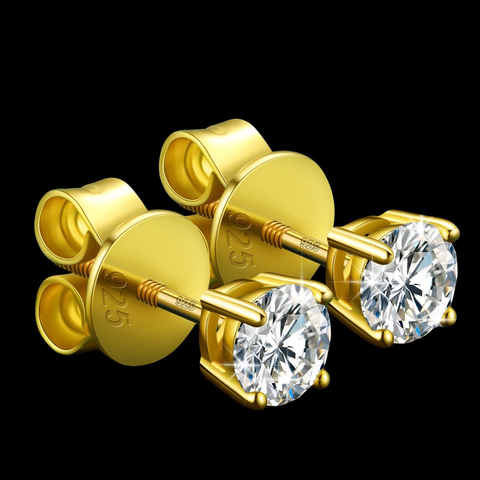 Petey's jewelry 18K gold-plated 925 sterling silver stud earrings featuring round brilliant-cut VVS moissanite stones.