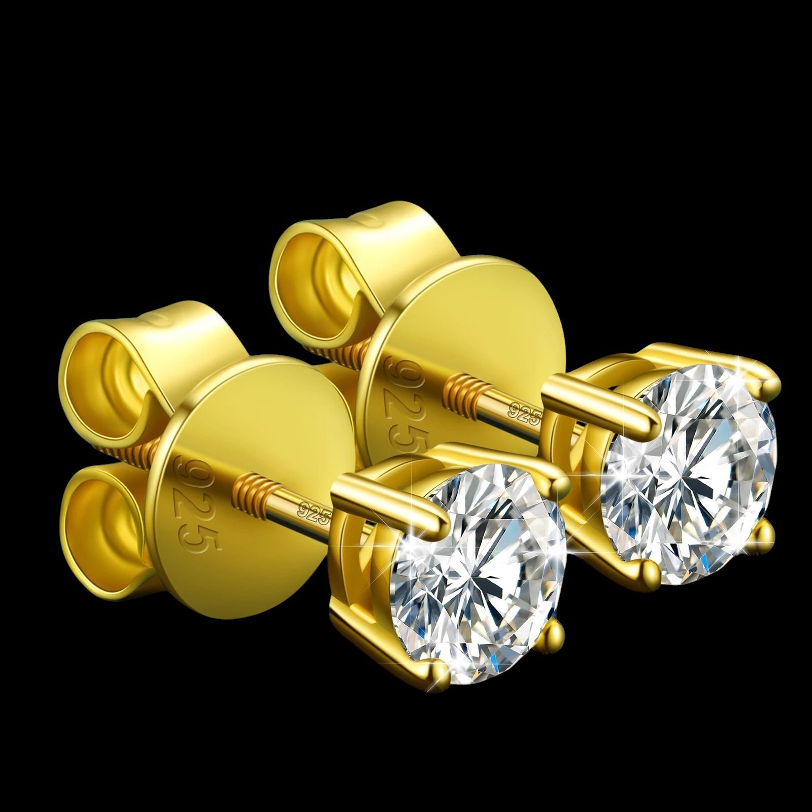Petey's jewelry 18K gold-plated 925 sterling silver stud earrings featuring round brilliant cut VVS moissanite stones.