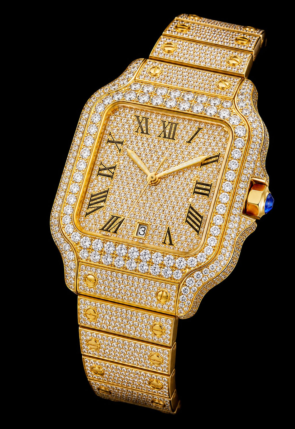 Petey's jewelry gold moissanite watch with Roman numerals, date window, and fully iced-out bezel and band.