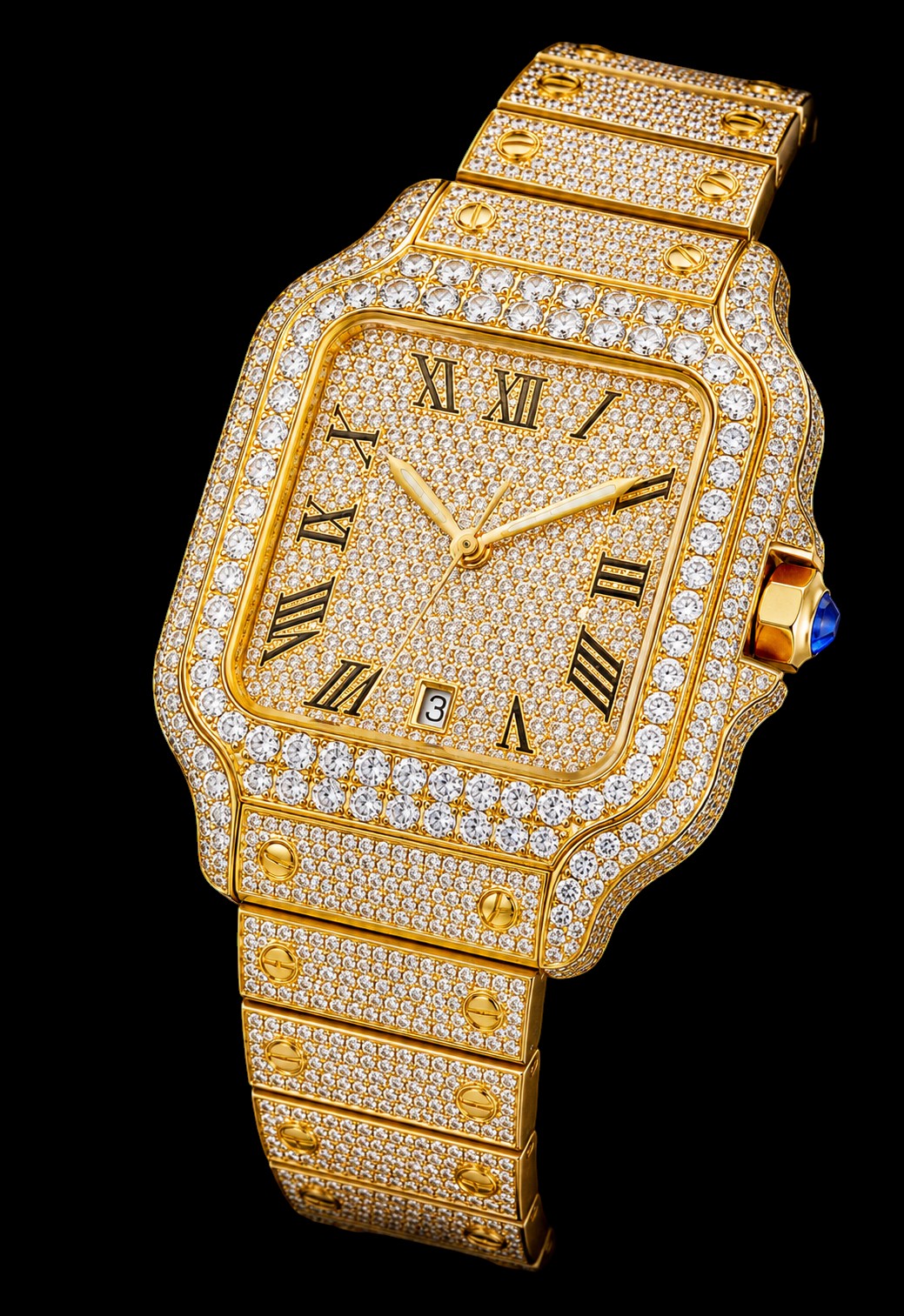 Petey's jewelry gold moissanite watch with Roman numerals, date window, and fully iced-out bezel and band.