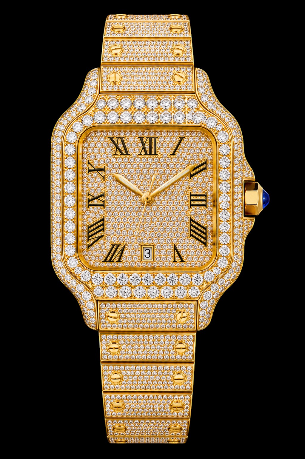 Petey's jewelry gold moissanite watch with Roman numerals and date window, fully iced out with VVS stones.