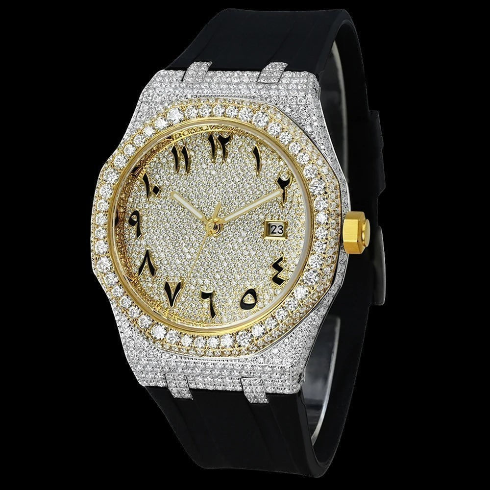 Petey's jewelry iced-out watch with Arabic numerals, gold dial, and black silicone band. Features VVS moissanite stones.
