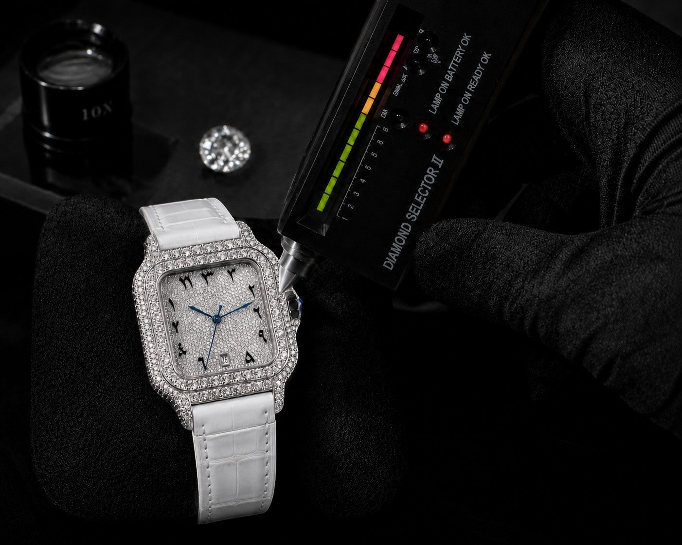 Petey's jewelry fully iced-out square watch with white band and colorful Arabic numerals, tested with a diamond selector.
