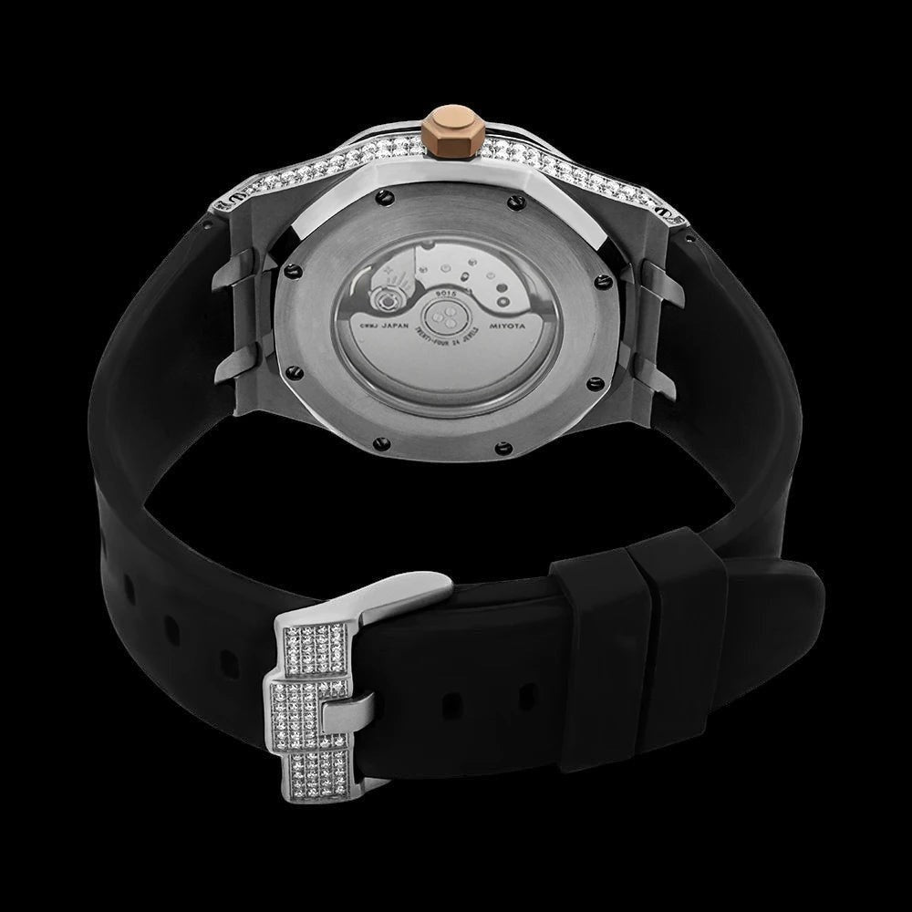 Petey's jewelry men's luxury automatic watch with diamond bezel, square stainless steel case, and black rubber strap with crystal-embellished buckle.