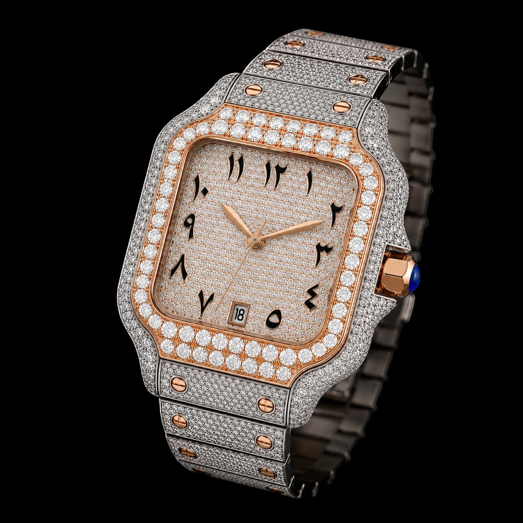 Petey's jewelry men's gold and silver iced out automatic watch with Arabic numerals and date window.