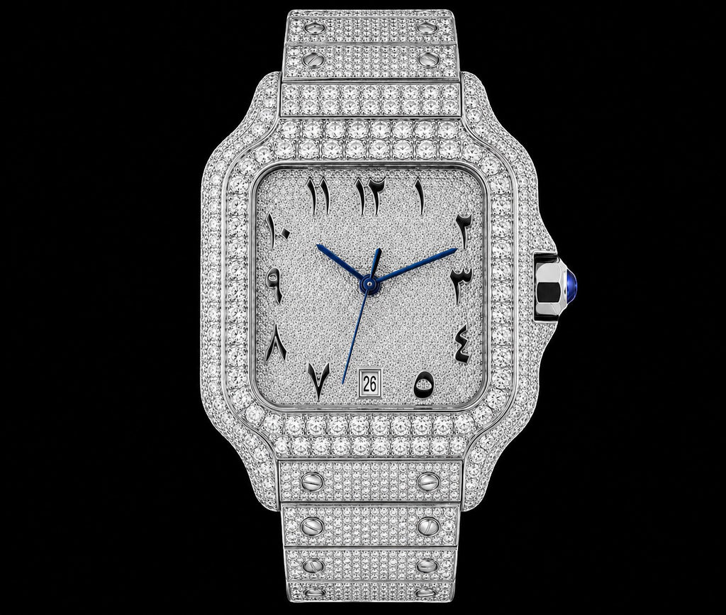 Petey's jewelry men's iced out automatic watch with square silver dial, blue hands, date window, and diamond-encrusted bezel and band.