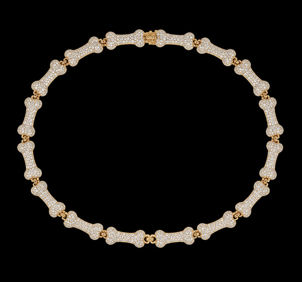 Petey's jewelry iced out bone-shaped link chain necklace for men, crafted from gold-plated brass with zircon stones.