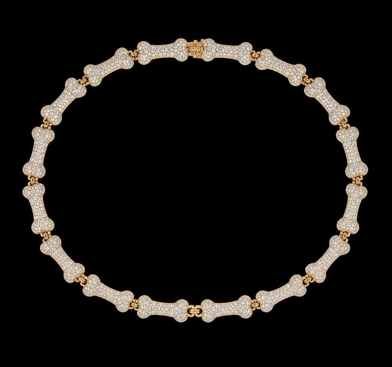 Petey's jewelry iced out bone-shaped link chain necklace for men, crafted from gold-plated brass with zircon stones.