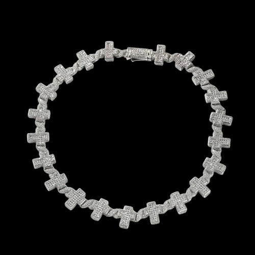 Petey's jewelry iced out silver-tone brass chain necklace featuring repeating cross links with micro-inlaid zircon.