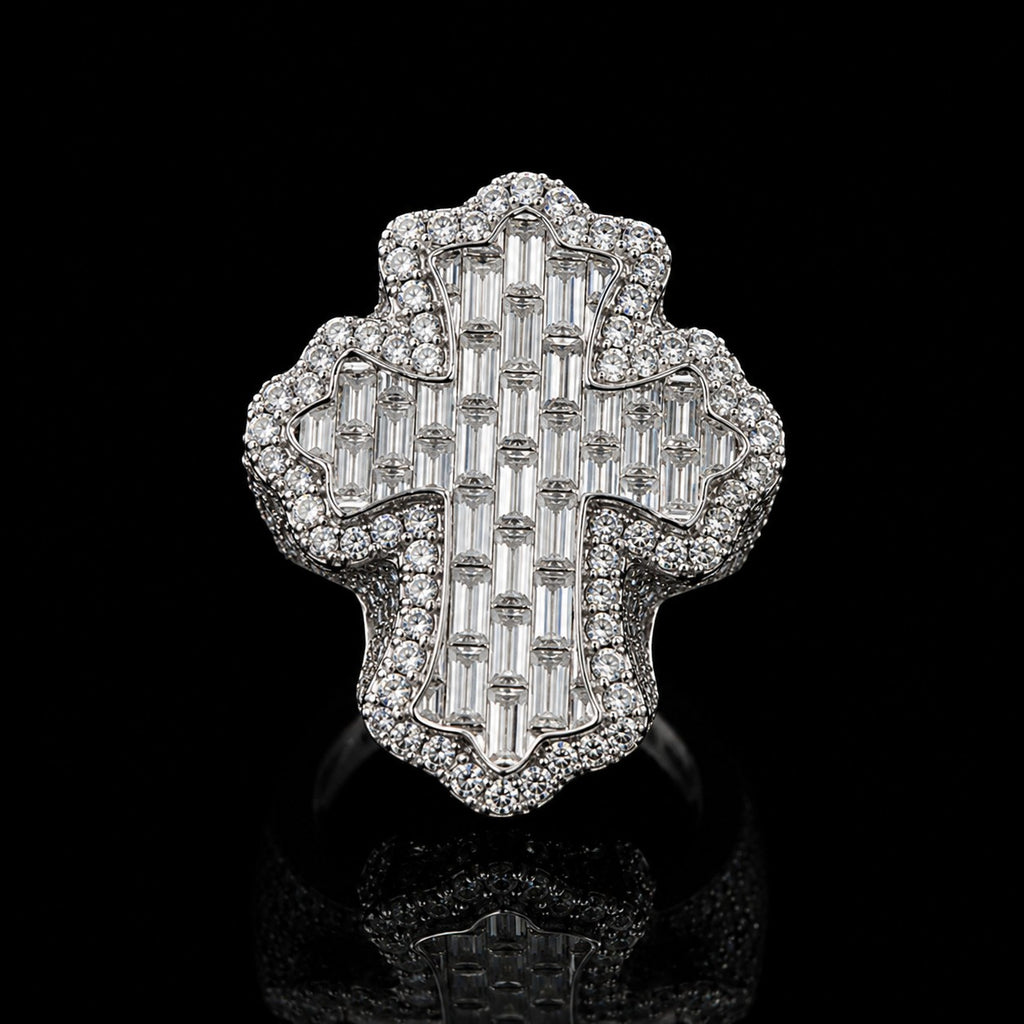 Petey's jewelry iced out cross ring featuring baguette and round moissanite stones set in 925 sterling silver.