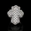 Petey's jewelry iced out cross ring featuring baguette and round moissanite stones set in 925 sterling silver.