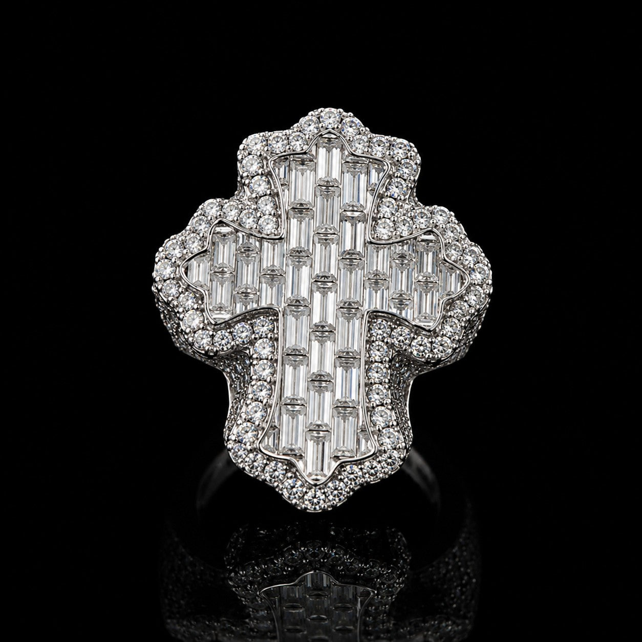 Petey's jewelry iced out cross ring featuring baguette and round moissanite stones set in 925 sterling silver.
