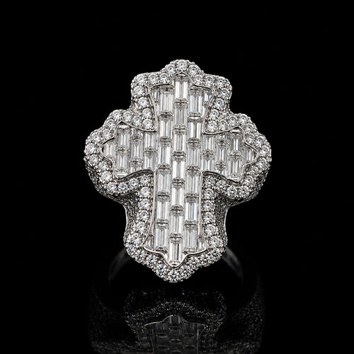 Petey's jewelry iced out cross ring featuring baguette and round moissanite stones set in 925 sterling silver.