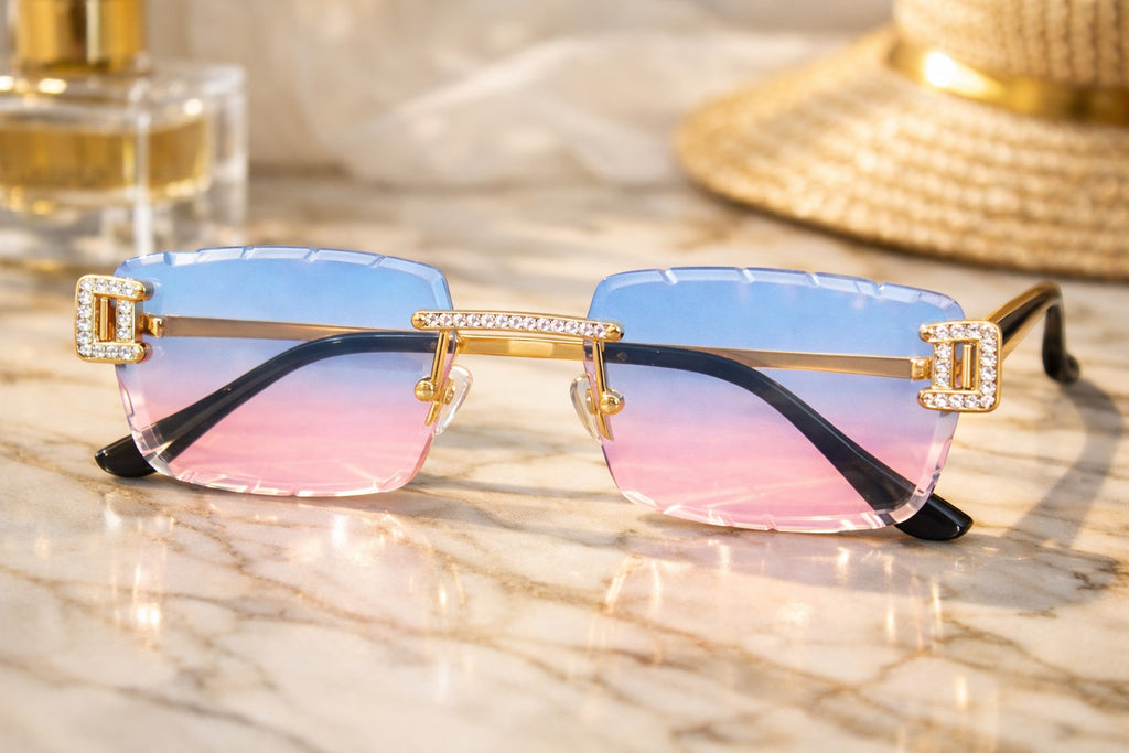 Petey's jewelry iced out designer glasses with blue and pink gradient lenses, gold frames, and diamond-cut detailing.