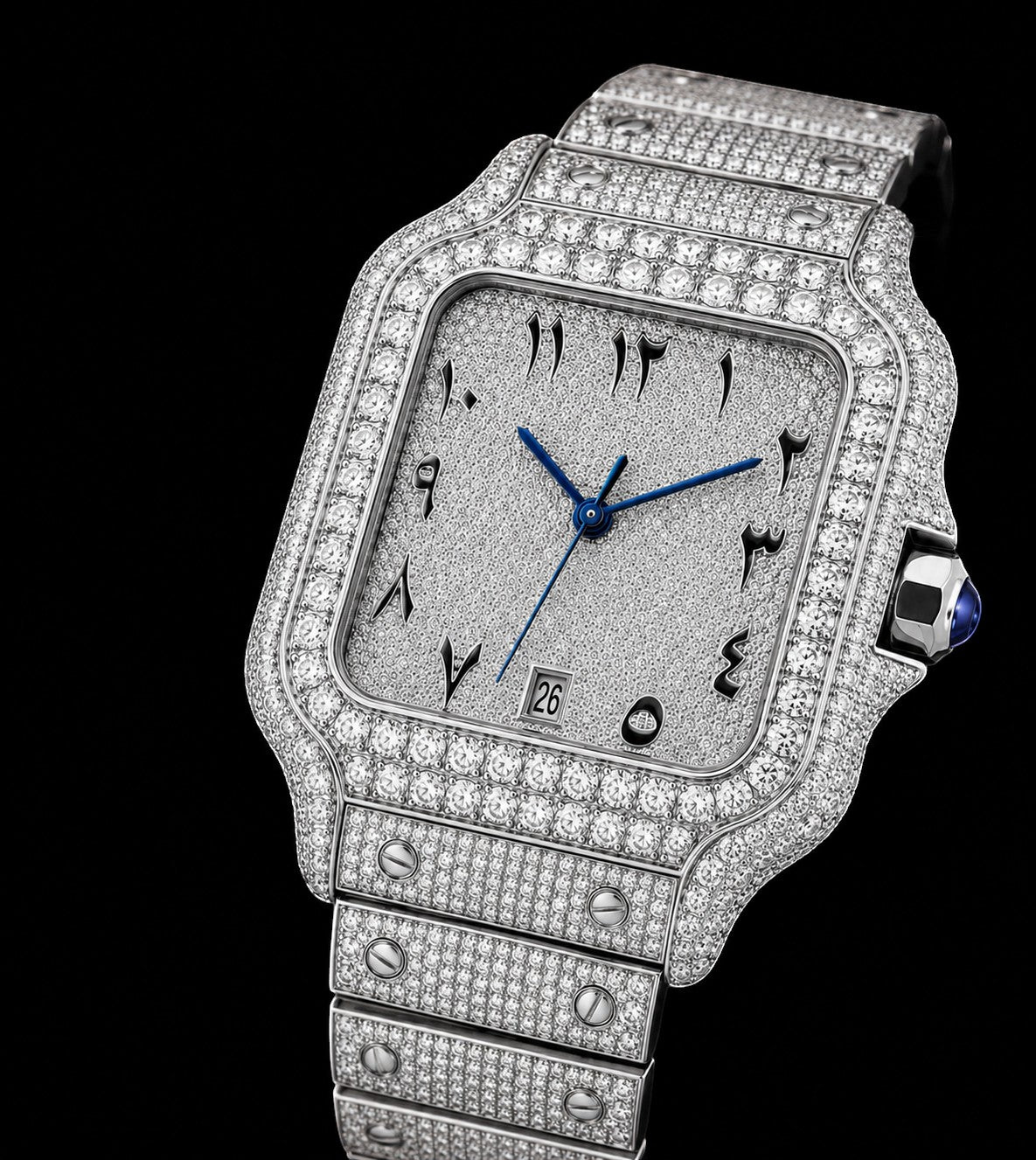 Petey's jewelry men's iced out automatic watch with diamond-encrusted silver dial, blue hands, and date window.