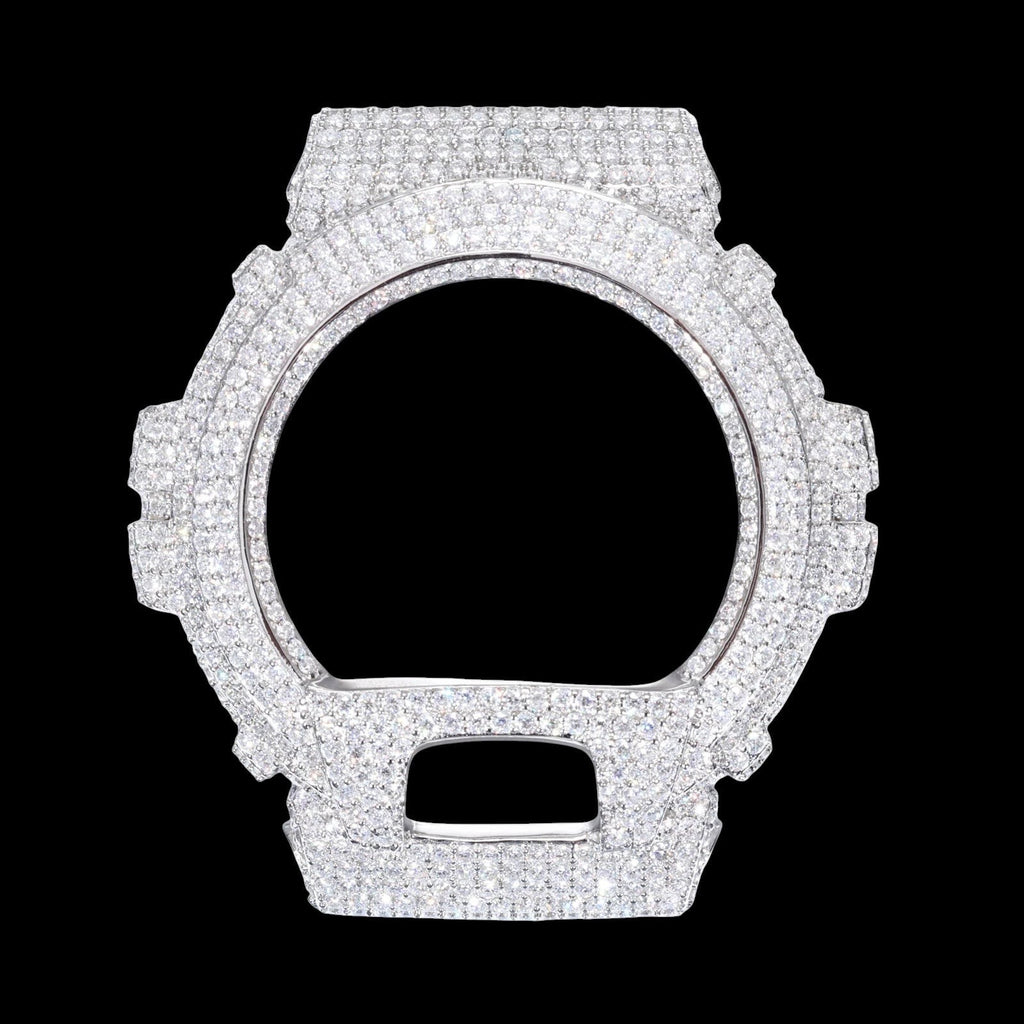 Petey's jewelry DW6900 watch case fully iced out with VVS moissanite stones. Silver-tone metal.