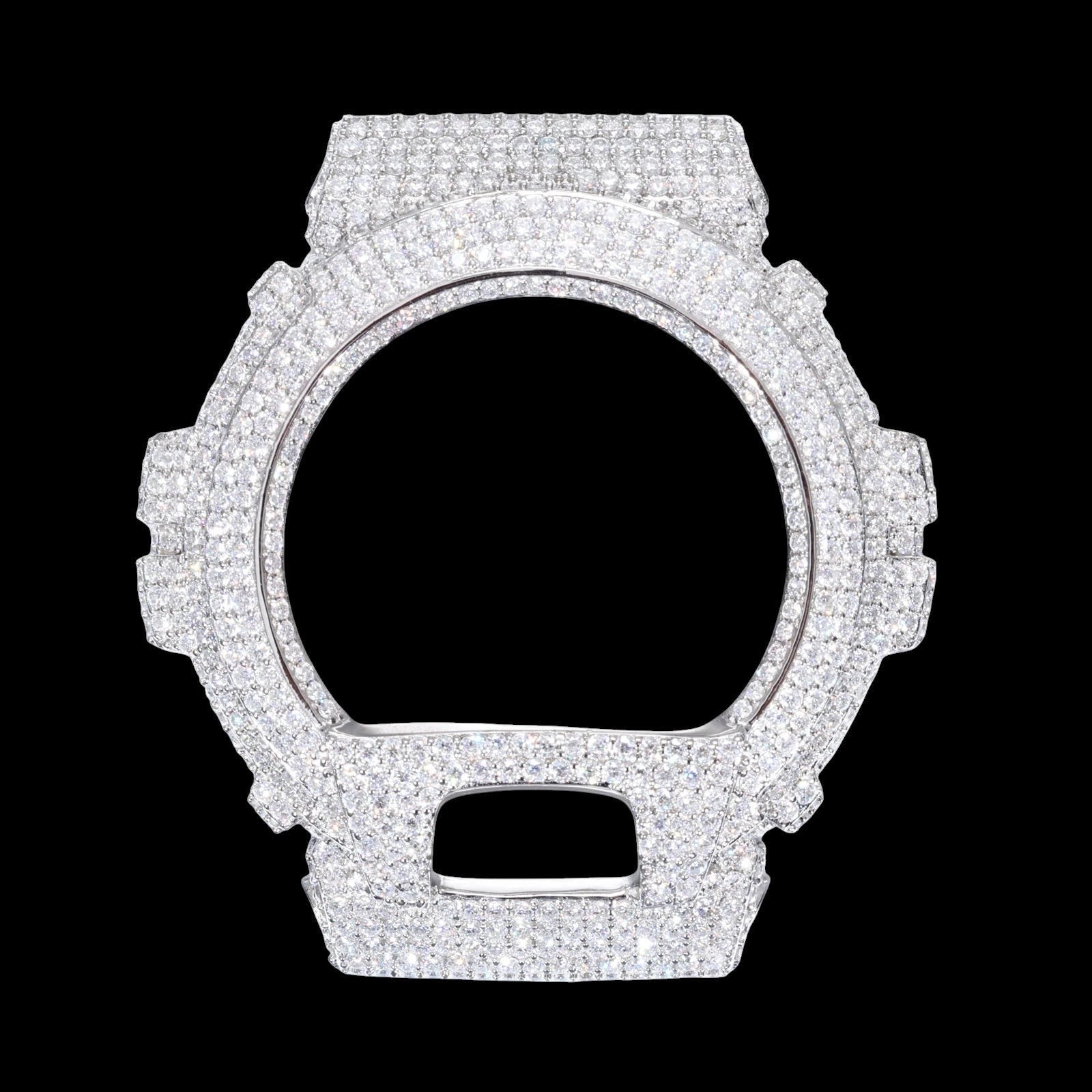 Petey's jewelry DW6900 watch case fully iced out with VVS moissanite stones. Silver-tone metal.