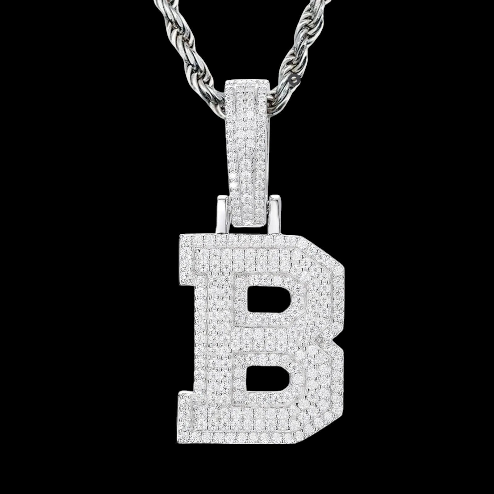 Petey's jewelry iced out letter B pendant necklace in 925 sterling silver with sparkling moissanite stones.