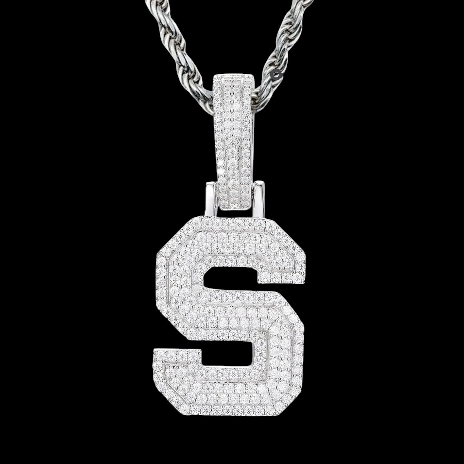 Petey's jewelry iced out letter S pendant necklace in 925 sterling silver with sparkling moissanite stones.