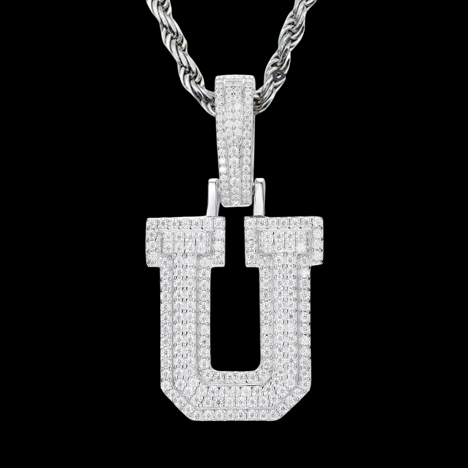 Petey's jewelry iced out letter U pendant necklace in 925 sterling silver with sparkling moissanite stones