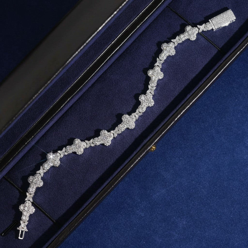 Petey's jewelry iced out 10mm cross link bracelet in rhodium-plated 925 sterling silver with sparkling moissanite.