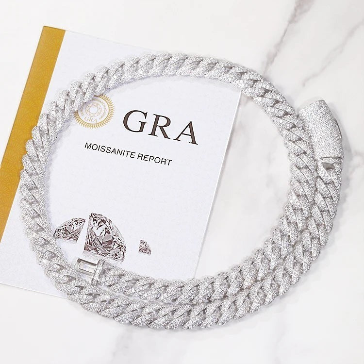 Petey's jewelry iced out two-row Cuban link necklace in S925 silver with sparkling VVS moissanite and GRA certificate