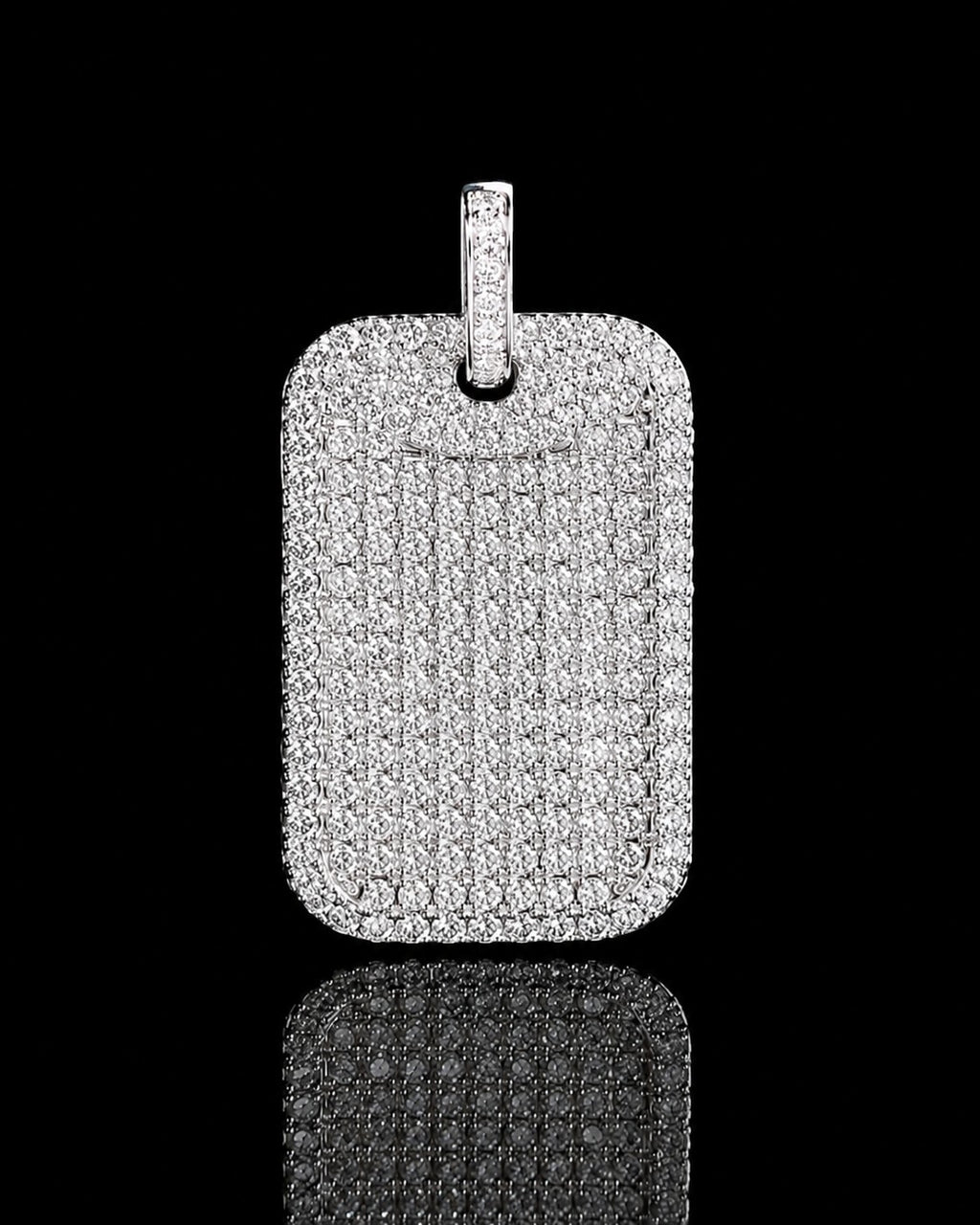 Petey's jewelry iced-out dog tag pendant in white gold-plated 925 silver with sparkling VVS moissanite diamonds.