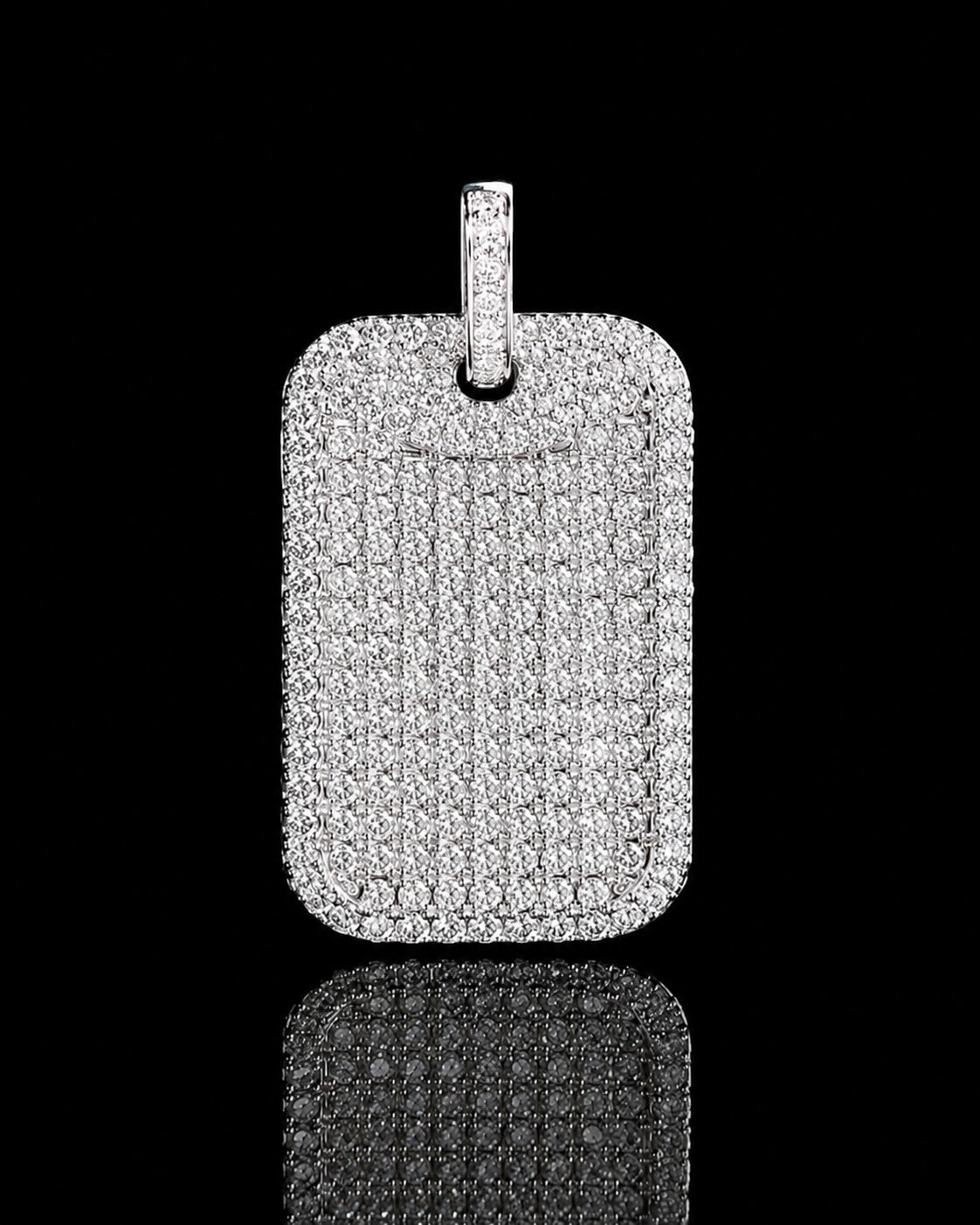 Petey's jewelry iced-out dog tag pendant in white gold-plated 925 silver with sparkling VVS moissanite diamonds.