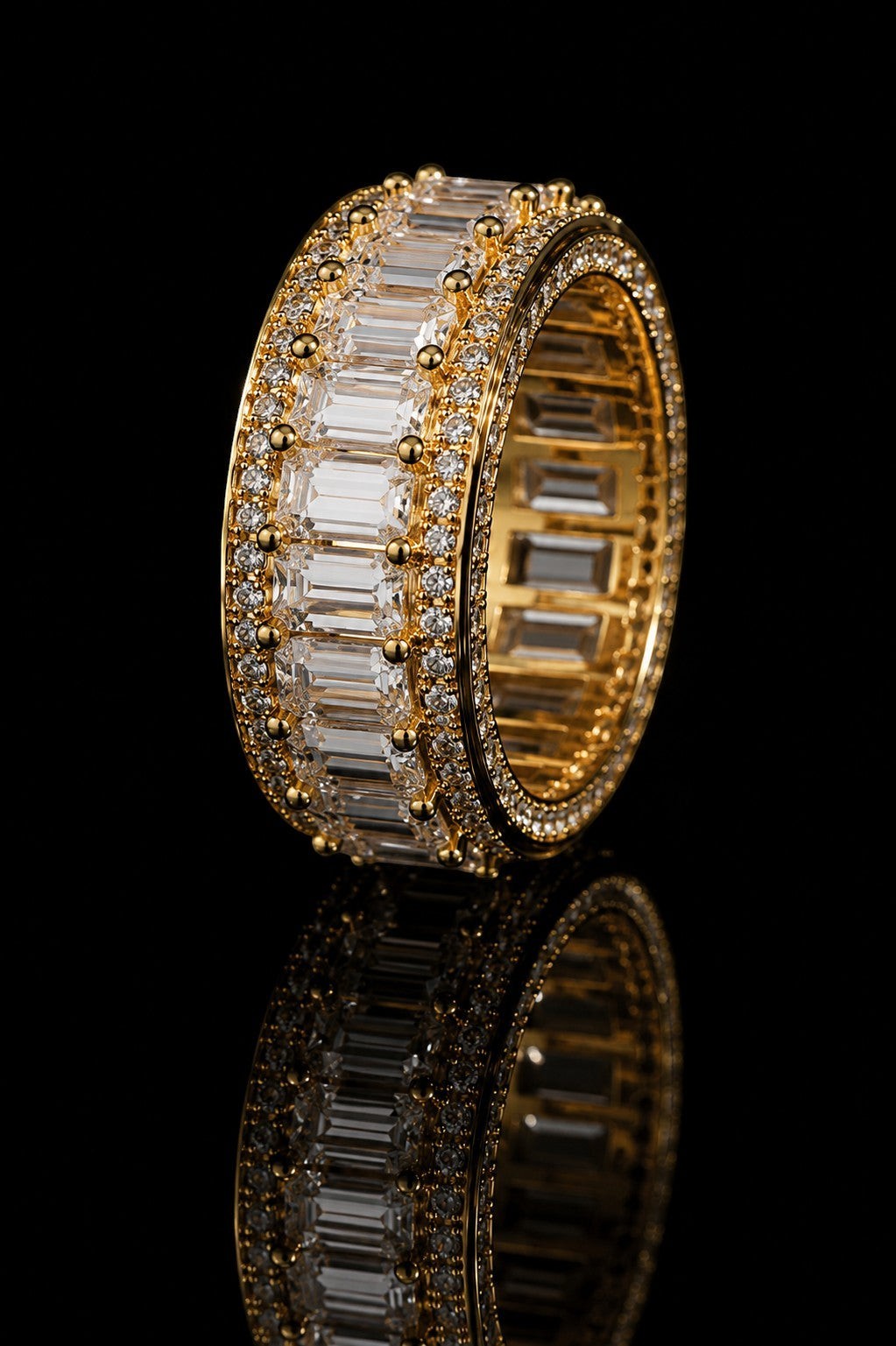 Petey's jewelry gold-plated 925 sterling silver ring with VVS moissanite baguette and round cut diamonds, hip hop style.