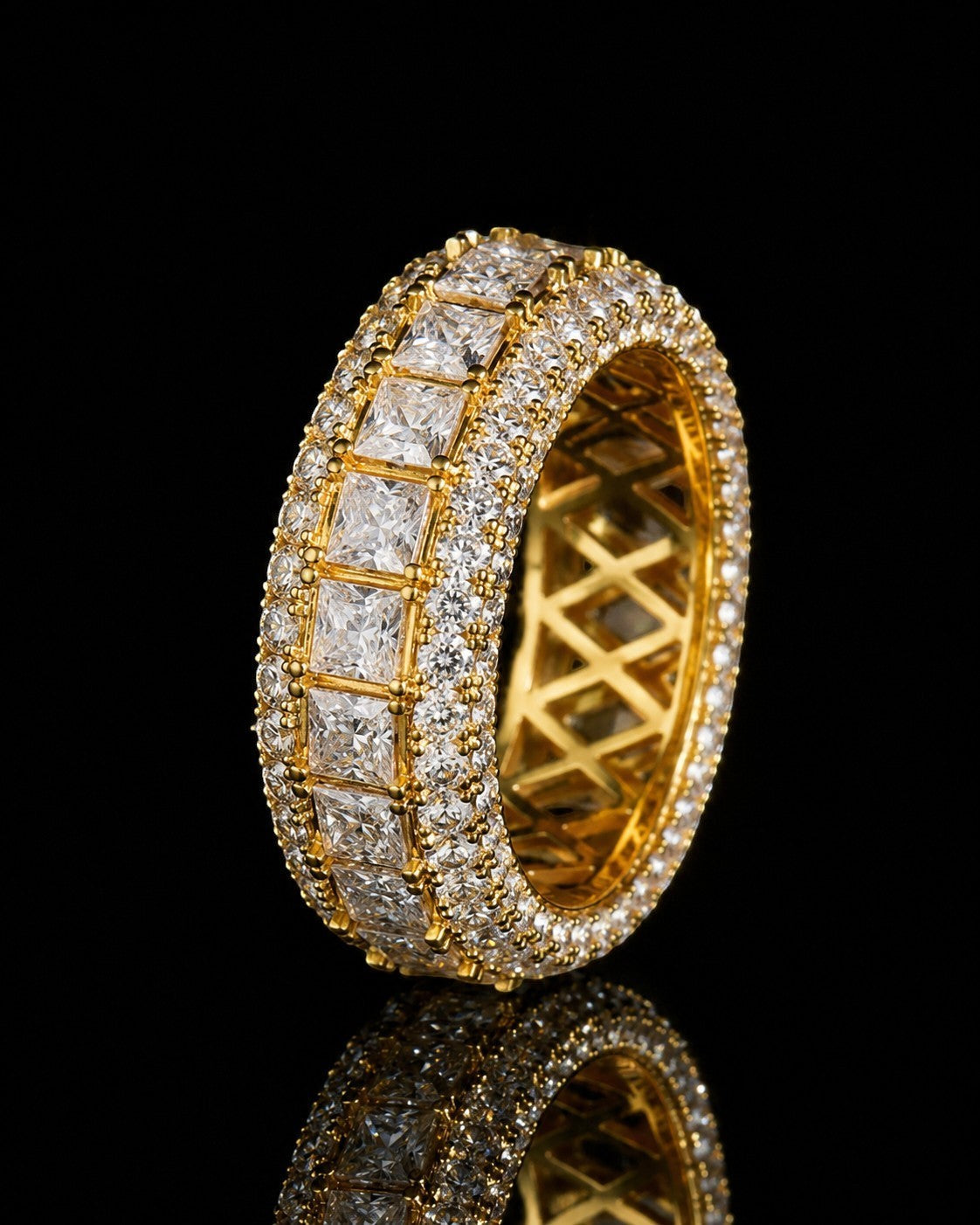 Petey's jewelry gold-plated 925 sterling silver ring with princess-cut moissanite stones and pave-set diamonds.