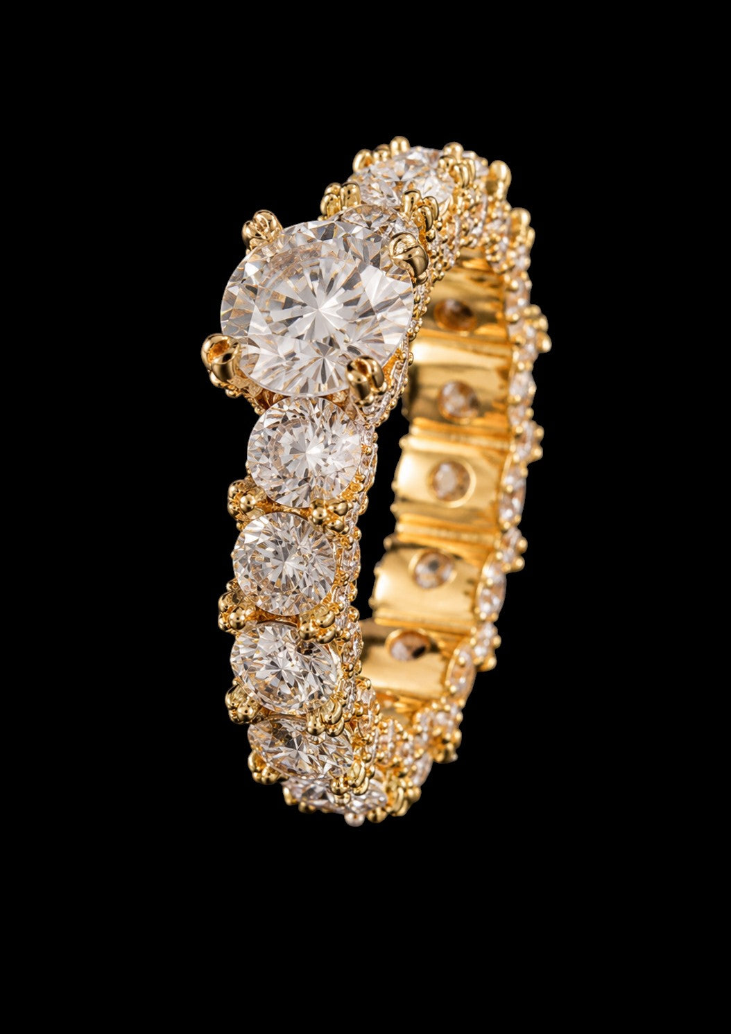 Petey's jewelry luxury women's full iced out moissanite ring in 925 silver with round brilliant cut stones.