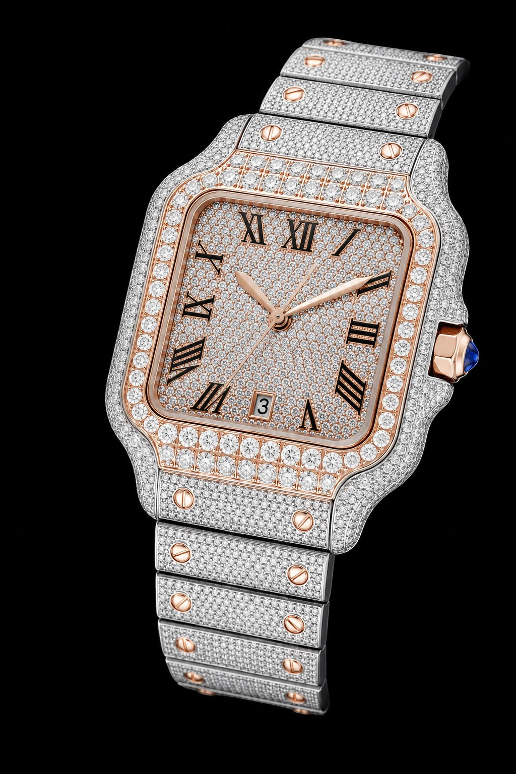 Petey's jewelry fully iced-out moissanite watch with rose gold accents and Roman numerals. Passes diamond tester.