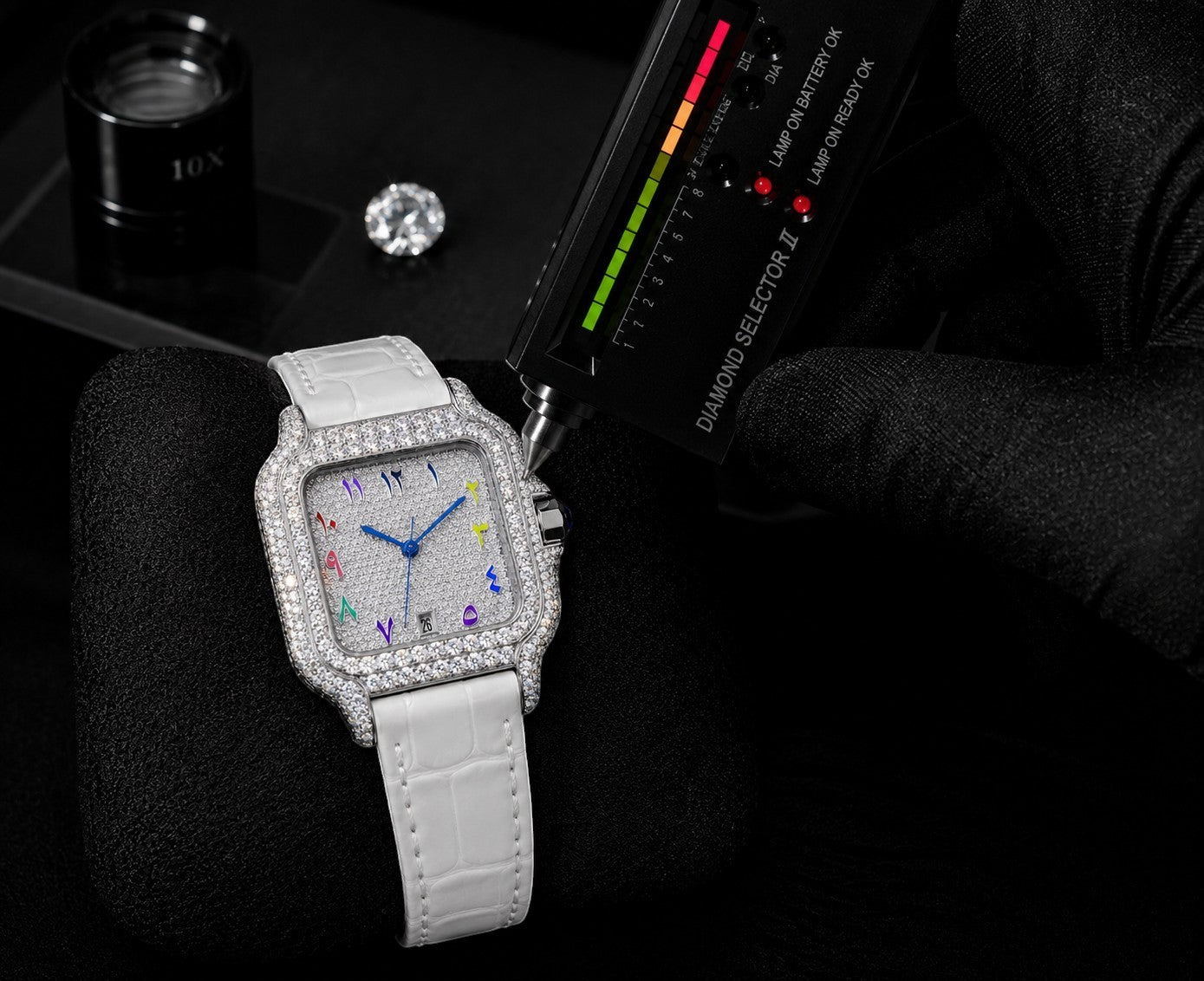 Petey's jewelry square watch with white band, iced-out bezel, and colorful Arabic numerals on dial. Passes diamond tester.