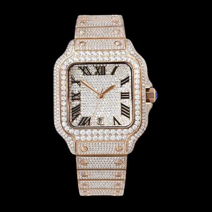 Petey's jewelry rose gold moissanite watch with Roman numerals and date window, fully iced out with VVS stones.