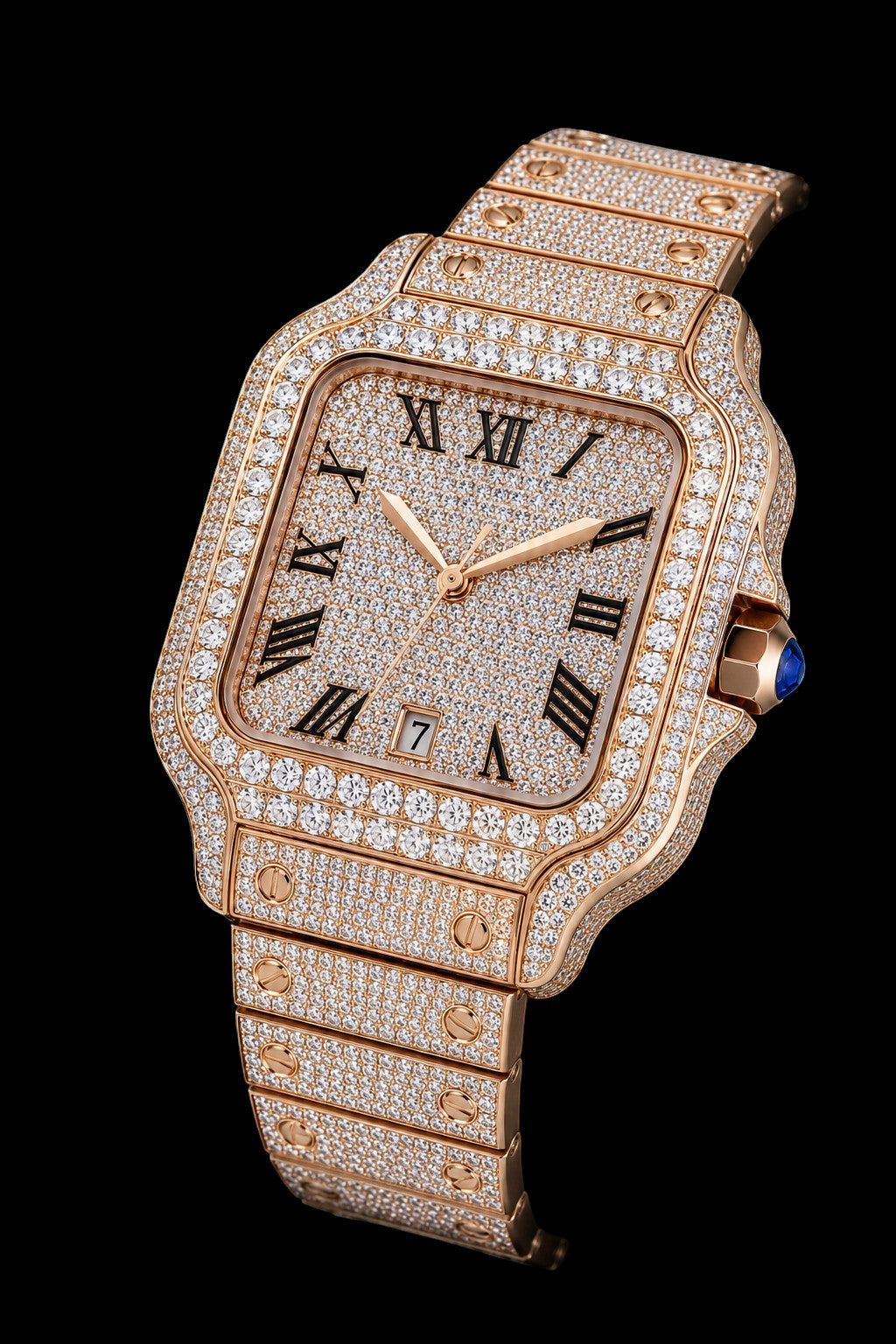 Petey's jewelry rose gold moissanite watch with Roman numerals and date window, fully iced out with VVS stones.