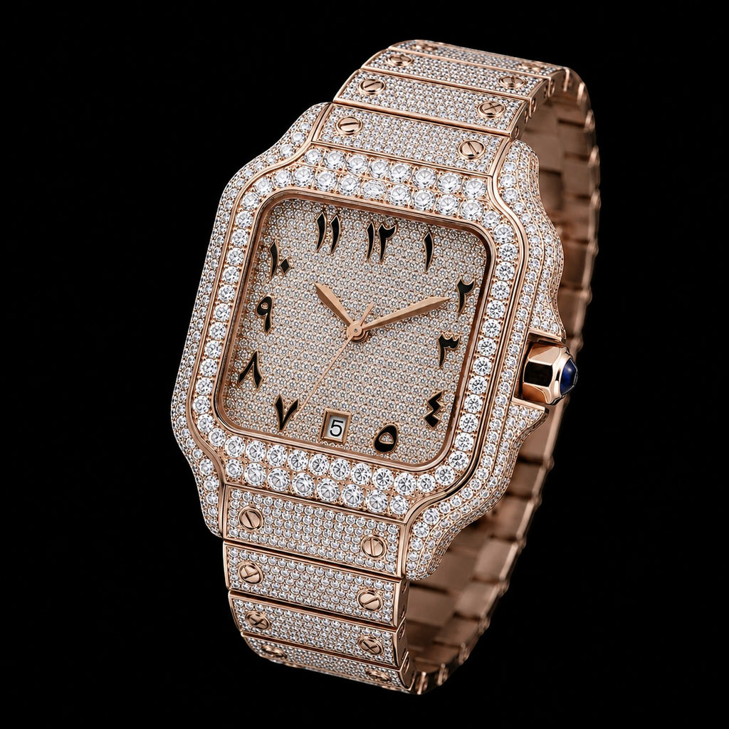 Petey's jewelry rose gold automatic watch with full diamond VVS1 moissanite, square case, Arabic numerals, and date window.